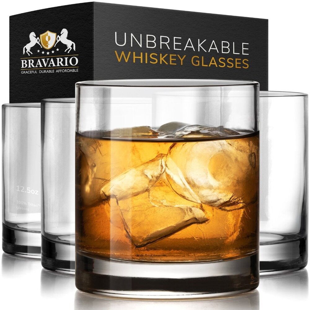 Bravario~Unbreakable Old Fashioned Whiskey Glasses~Set of 6~Tritan Plastic~12.5